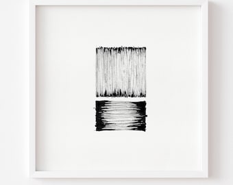 May include: Abstract black and white art print. The artwork features two rectangular shapes, one above the other. The top rectangle has vertical lines, and the bottom rectangle has horizontal lines. The artwork is framed in a white square frame.