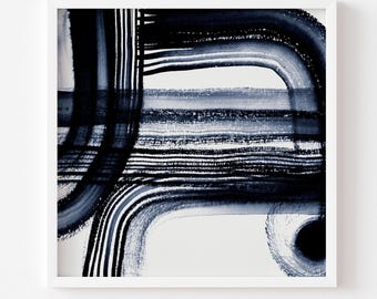 May include: A square art print featuring abstract dark blue ink brush strokes on a white background. The composition includes vertical and curved lines, horizontal bands, and a solid dark blue circle in the lower right corner. Print comes unframed.