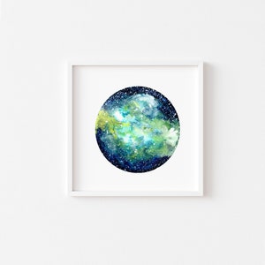 Printable Galaxy art print, galaxy art painting for download, galaxy watercolor painting, galaxy wall art, green blue art, 12x12 art print image 7