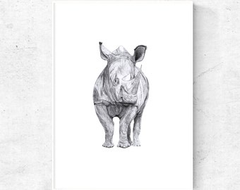 Rhino wall art, rhino printable, printable gray art, download art, pencil print, sketch print, animal wall art, 5x7, 8x10, 12x16 art print