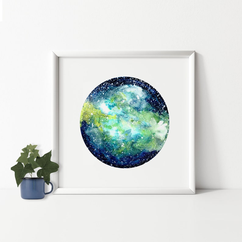 Printable Galaxy art print, galaxy art painting for download, galaxy watercolor painting, galaxy wall art, green blue art, 12x12 art print image 3