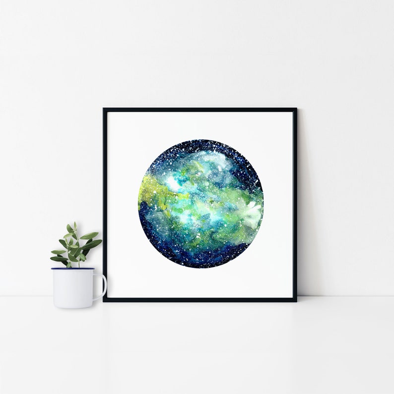 Printable Galaxy art print, galaxy art painting for download, galaxy watercolor painting, galaxy wall art, green blue art, 12x12 art print image 6