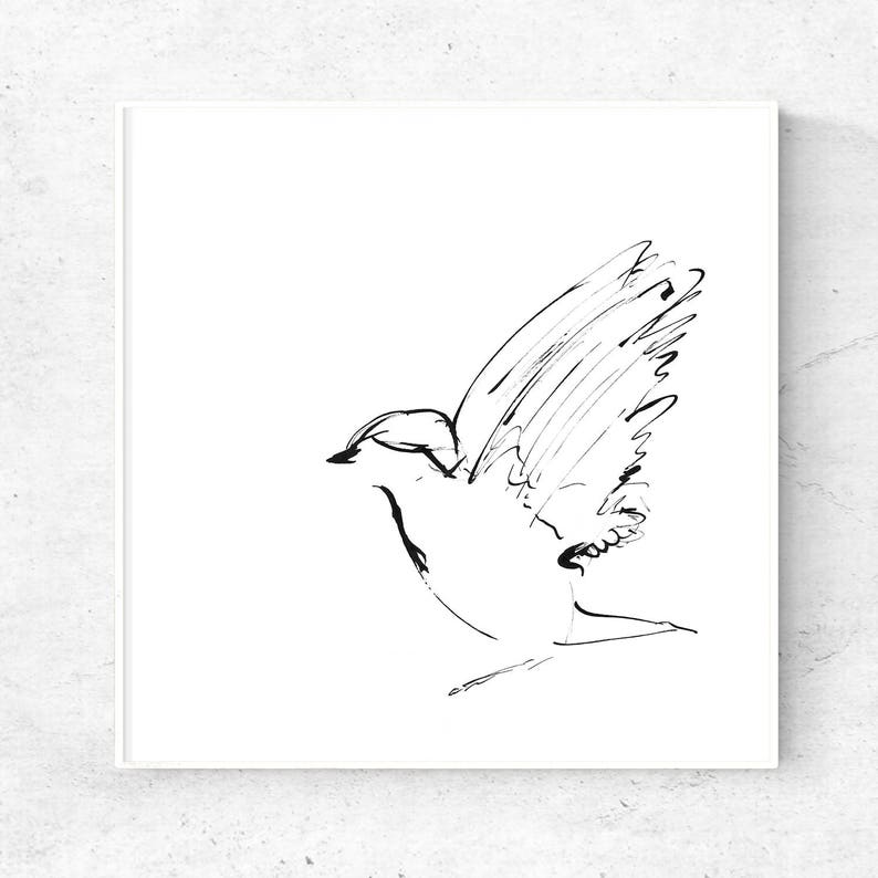 Bird print, bird wall art, minimalist bird art, black ink sketch, printable art, downloadable prints, instant download art, digital print image 1