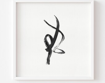 May include: Abstract black ink brushstroke art print in a white frame. The artwork features a dynamic, flowing design with thick and thin lines, creating a sense of movement and energy. The minimalist style is suitable for modern home decor.