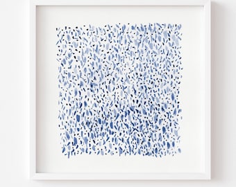May include: A square art print featuring a dense pattern of small, hand-painted brushstrokes in varying shades of blue and black on a white background. The composition is centered within a white frame. The text below states: Print comes Unframed.