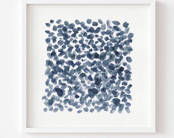 May include: A square art print featuring a pattern of scattered, overlapping navy blue brushstrokes on a white background. The text at the bottom reads: ** Print comes Unframed (no frame or matt included) **. The design is centered within a white frame.