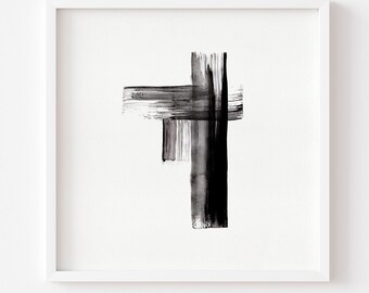 May include: A square white frame containing a black ink wash painting on a white background. The artwork features two intersecting brushstrokes, one horizontal and one vertical, displaying visible bristle textures and varying ink density.