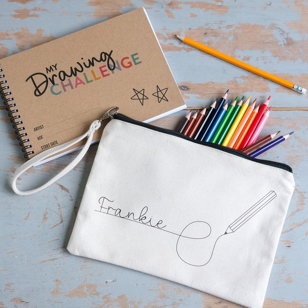 Personalised sketchbook set, drawing challenge. Includes pencils, drawing prompts and a personalised pouch. Gift for children.