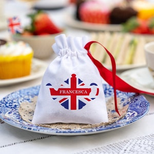 Personalised Kings Coronation party bag, Union Jack teapot design, choice of sizes, King Charles III