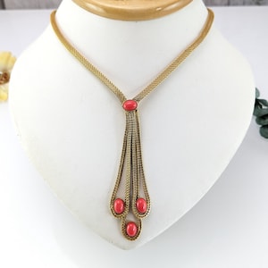 Vintage Salmon Pink Necklace & Clip Earrings Set - Y Drop  - Imitation Coral