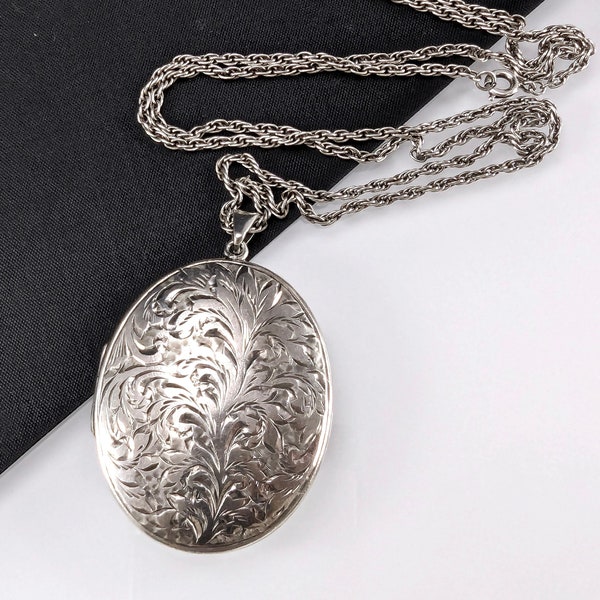 Vintage Large Sterling Silver Oval Locket Necklace - NBs Nathan Brothers 1960s