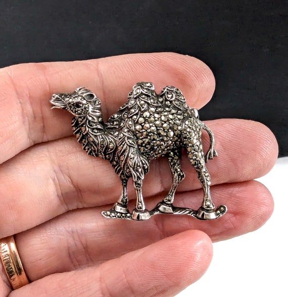 Vintage Silver Marcasite Camel Brooch - Two Humps… - image 3