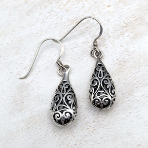 Sterling Silver Filigree Teardrop Drop Earrings on Hooks