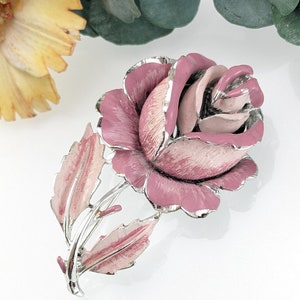 Vintage Pink Rose Brooch Large with Pink Enamel - Jewelcraft Coro - Flower