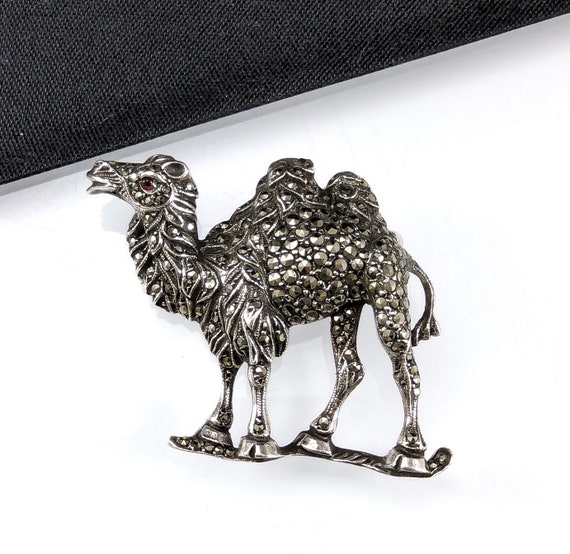 Vintage Silver Marcasite Camel Brooch - Two Humps… - image 1