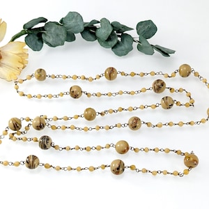 Art Deco Long Glass Bead Chain Necklace, End of Day Glass - Beige - 98 cm 38 Inch- Vintage Flapper 1920s 1930s
