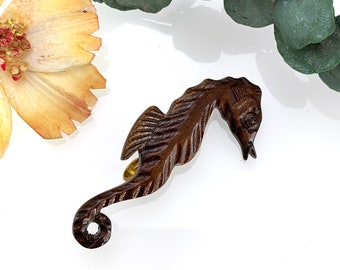 Vintage Seahorse Brooch - Hand Carved Wood - Seaside Beach