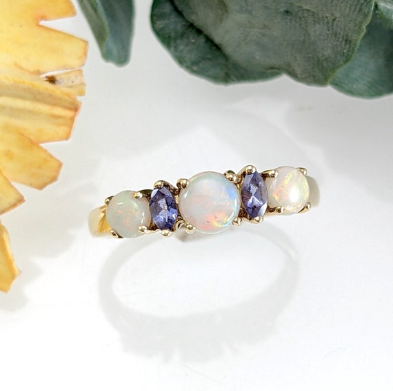 9ct Gold Opal 5 Stone Ring with Tanzanite, Size P… - image 2