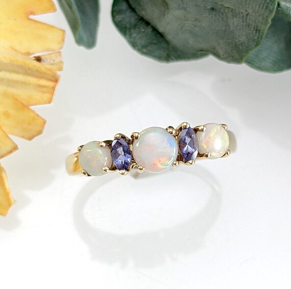 9ct Gold Opal 5 Stone Ring with Tanzanite, Size P… - image 2