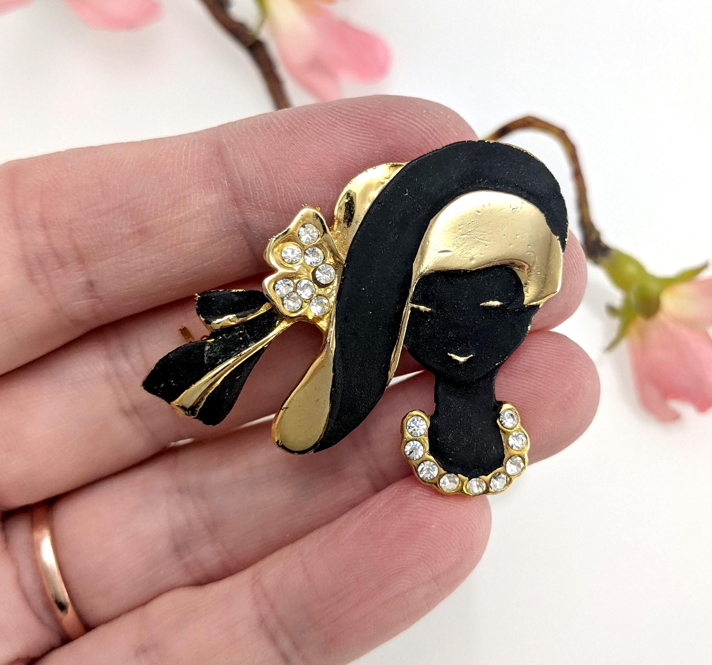 Vintage Lady Wearing Hat Brooch With Rhinestones Gold & Etsy UK