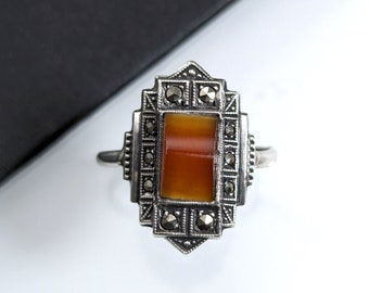 Art Deco Sterling Silver Carnelian Ring Size P- Marcasite - Antique Vintage