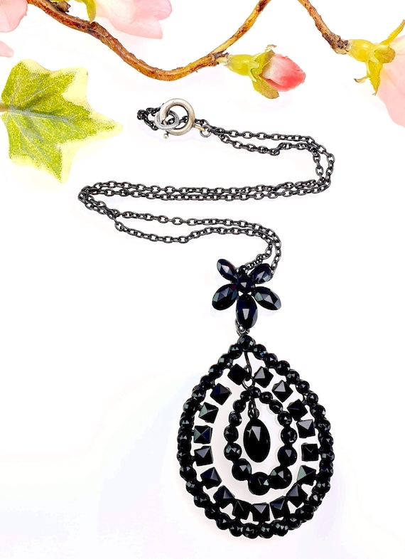 Antique Black Vauxhall Glass French Jet Pendant Ne