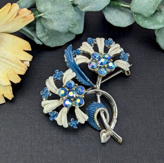 Vintage Blue Flowers Brooch, Aurora Borealis, Col… - image 1