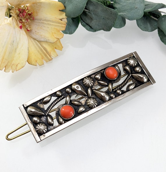 Vintage Coral Hair Clip Barrette - Silver Tone- Salmon Pink  display picture 2