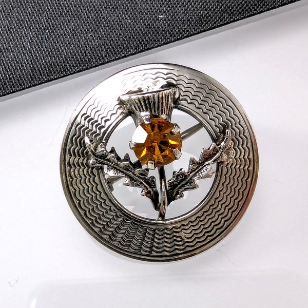 Vintage Sterling Silver Scottish Thistle Brooch - Yellow Stone - Ward Brothers