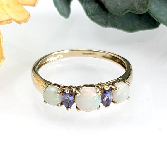 9ct Gold Opal 5 Stone Ring with Tanzanite, Size P… - image 1