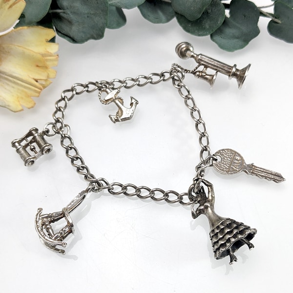 Vintage sterling silver Charm Bracelet - Dancer, Rocking Chair, Telephone etc