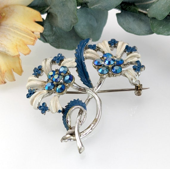 Vintage Blue Flowers Brooch, Aurora Borealis, Col… - image 3