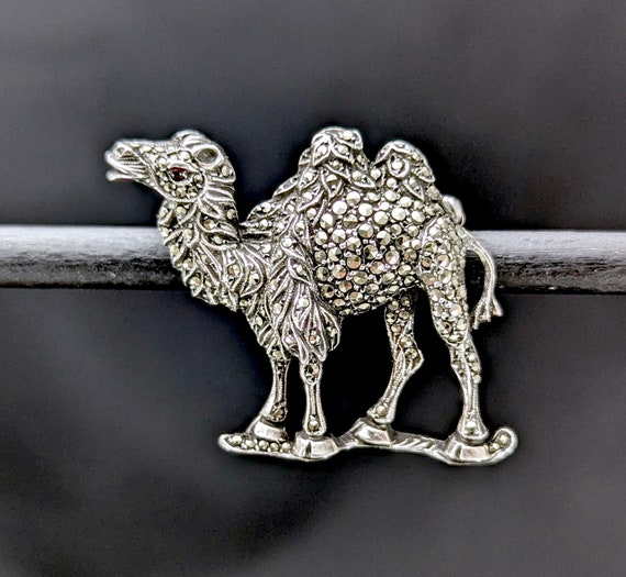 Vintage Silver Marcasite Camel Brooch - Two Humps… - image 2