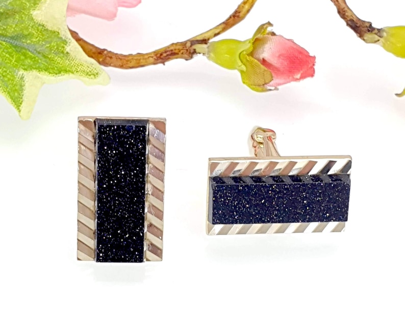 Vintage 1970s Gold Tone Dark Blue Goldstone Glittering Cufflinks