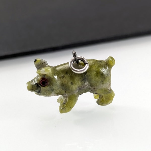 Vintage Connemara Marble Pig Charm Pendant - Green - Ireland