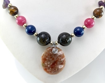 Multicoloured Gemstone Bead Necklace, Jasper Quartz Tigers Eye etc, Statement
