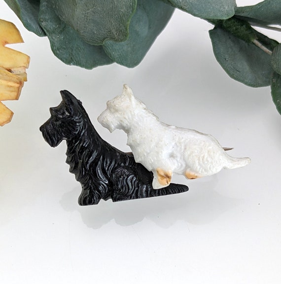 Buy Vintage Scottie Westie Dog Brooch Pin Black White Made in