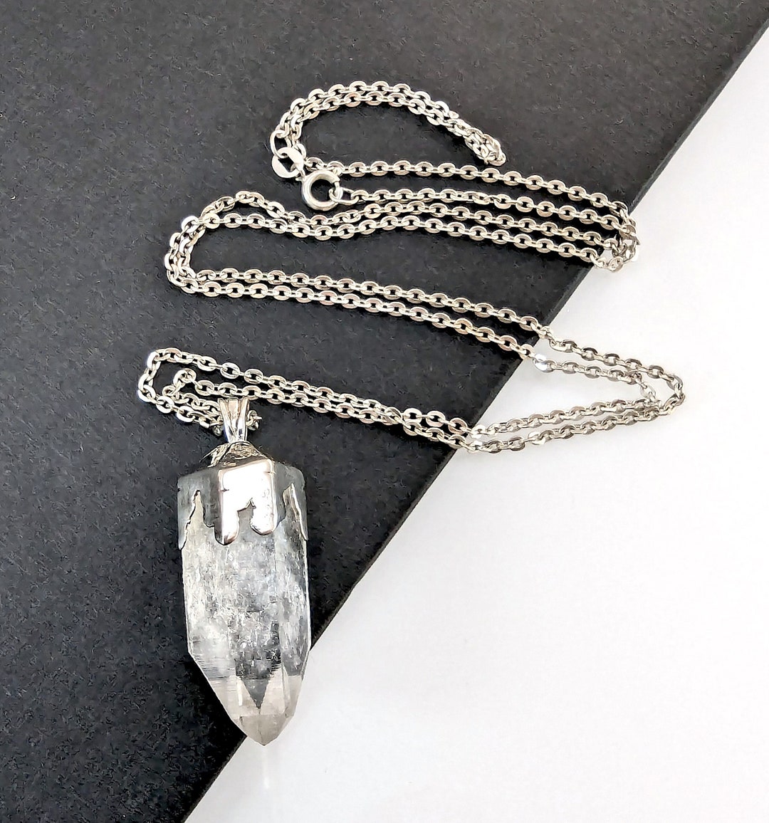 Sterling Silver Rock Crystal Prism Pendant Necklace Clear Quartz Etsy