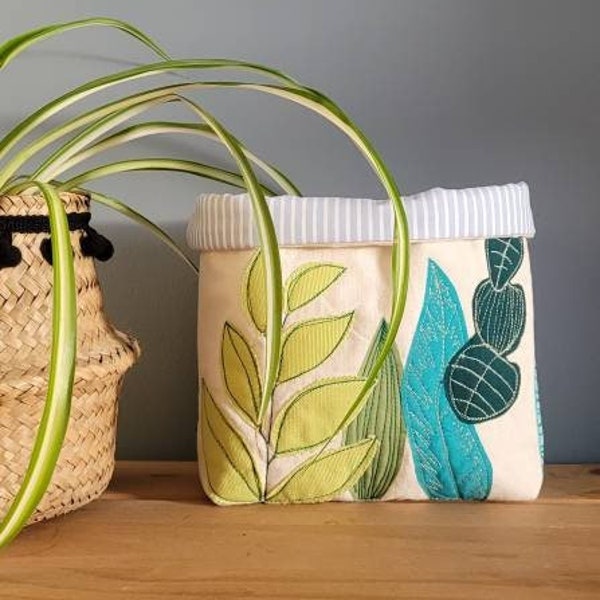 fabric basket, fabric bucket, basket, storage, plant lover, machine embroidery, home decor, cutlery pot, knitting pot, bathroom storage