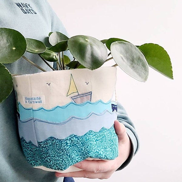 Large fabric basket, fabric bucket, storage, sea lover, plant pot, machine embroidery, home decor, bathroom storage