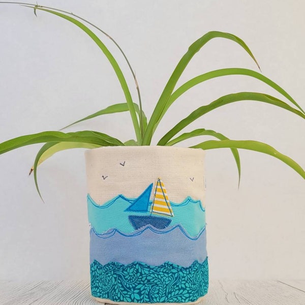 fabric basket, fabric bucket, storage, sea lover,  machine embroidery, home decor, cutlery pot, pencil pot, bathroom storage