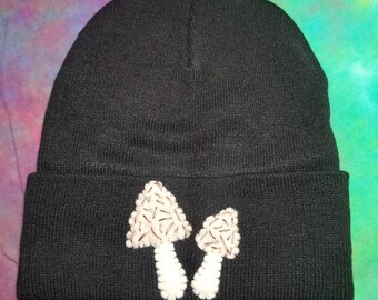 Morel Beanie, Skull Cap, Knit Hat, Mushroom Hunting Hat with Handmade, Hand-stitched Folk Art Felt Morel Mushrooms