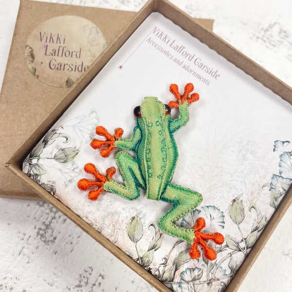 Handcrafted green and orange frog brooch