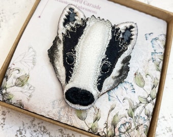 Badger brooch, embroidered and painted fabric badger pin