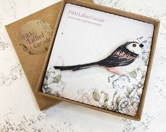 Long-tailed tit brooch, embroidered bird pin