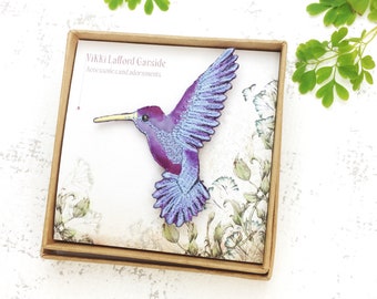 Lilac and purple embroidered hummingbird brooch, bird pin