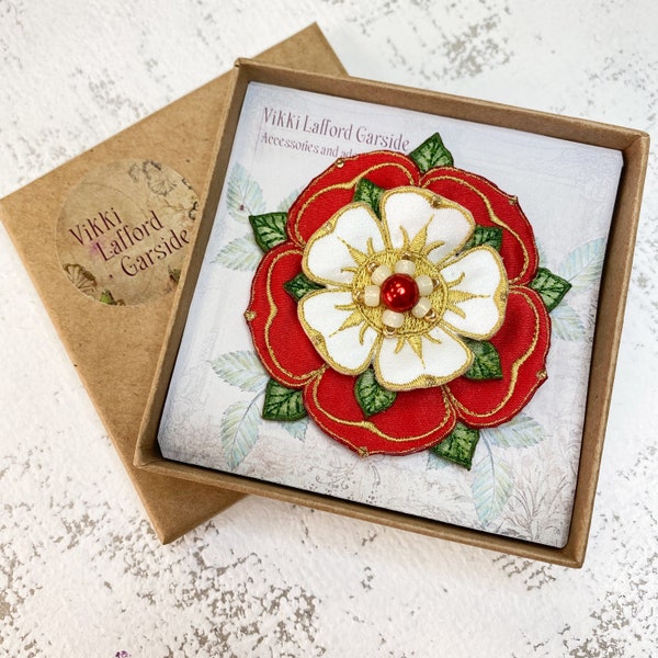 Tudor Rose brooch, fabric rose brooch, red and white rose, gift for history lover, historical emblem