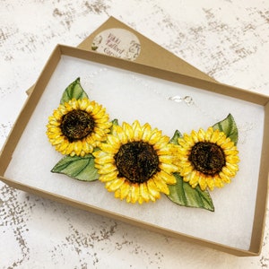 Embroidered Sunflower Necklace: Hand-Painted Floral garland, Sterling Silver Chain