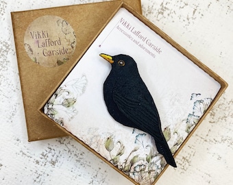 Embroidered and hand painted Blackbird brooch