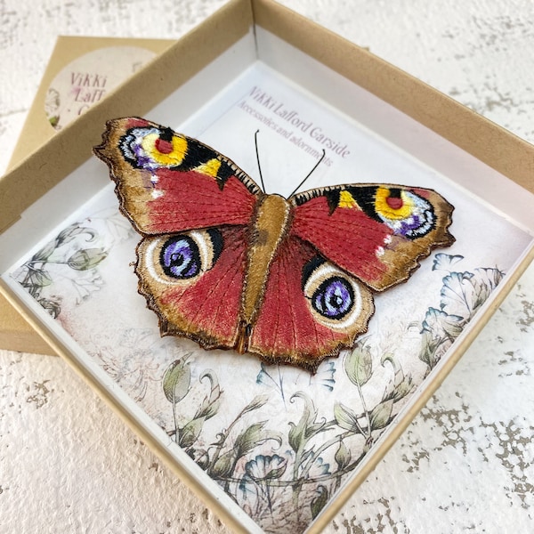 Peacock butterfly brooch, realistic embroidered and hand painted butterfly brooch pin